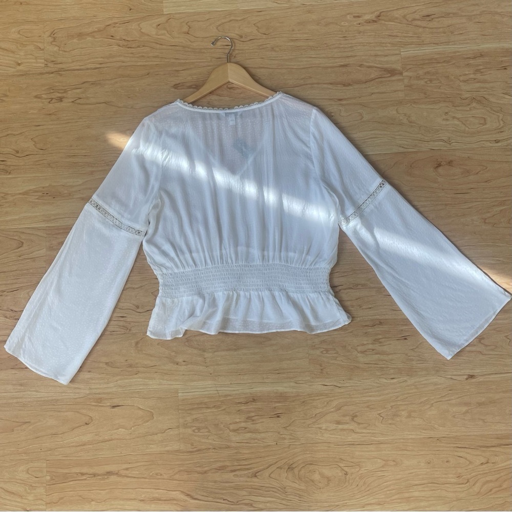 Express Top Women Large White V Neck Flare Long Sleeve Peplum Jacquard Blouse - Picture 6 of 6